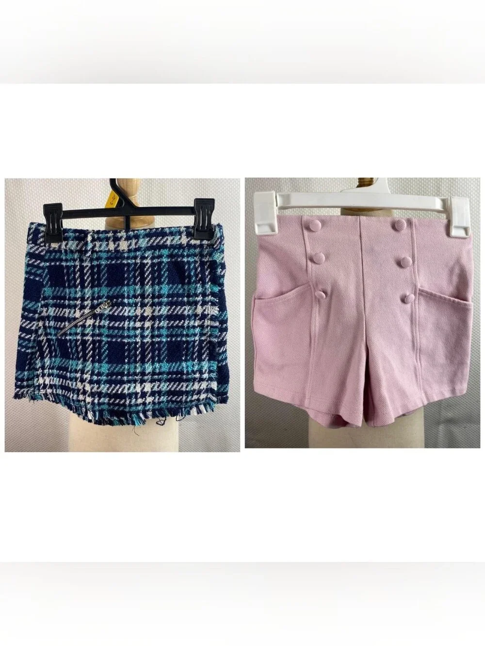 Zara Pink Double-Button High-Waist Skort & Navy Plaid Tweed Mini Set